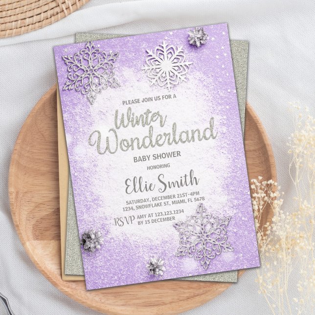 Cartão de Tema em Floco de Neve Editável para Chá  (Purple Winter Baby Shower Invitations)