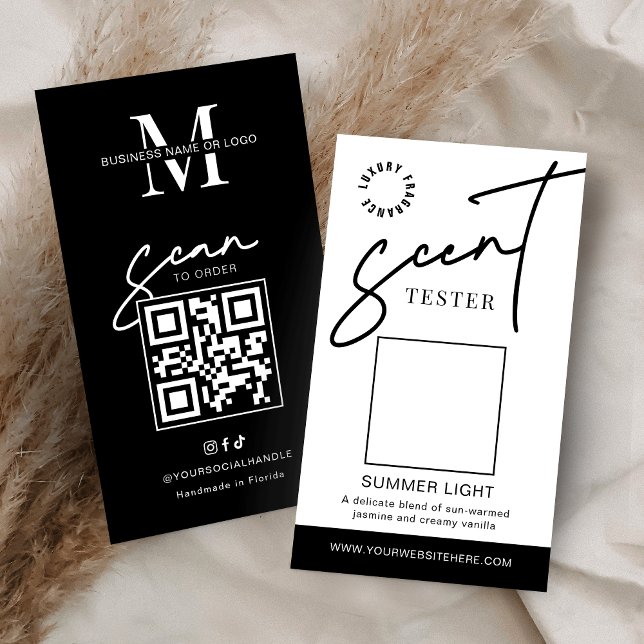 Cartão de Teste de Aroma de Vela Amostra de Fragrâ (Minimalist scent sample cards in black and white with space for your logo and QR code)