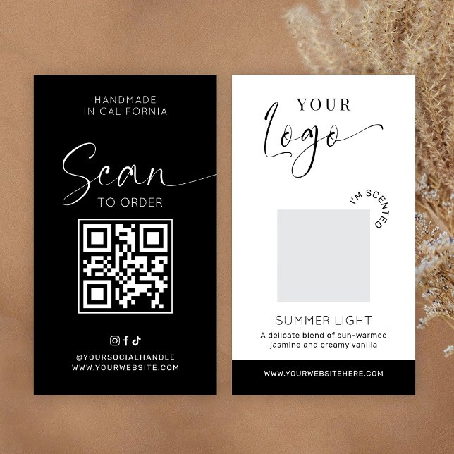 Cartão de Teste de Aroma de Vela Amostra de Fragrâ (Elegant modern scent sample cards in black and white with space for your logo and QR code)