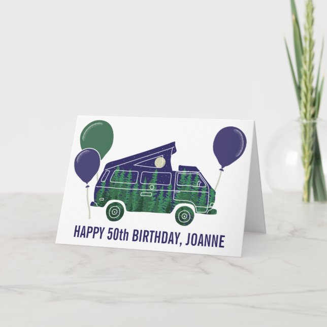 Cartão de texto personalizado com van de camping e (Frente)