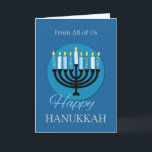 Cartão De todos nós Hanukkah Menorah no Azul Negro<br><div class="desc">Você,  como grupo,  pode enviar saudações a Chanucá a qualquer um que use este cartão. Este cartão azul escuro apresenta uma Menorah segurando velas texturizadas e acesas no cobrir. Isso seria perfeito para dar a qualquer um que comemora este feriado judeu.</div>