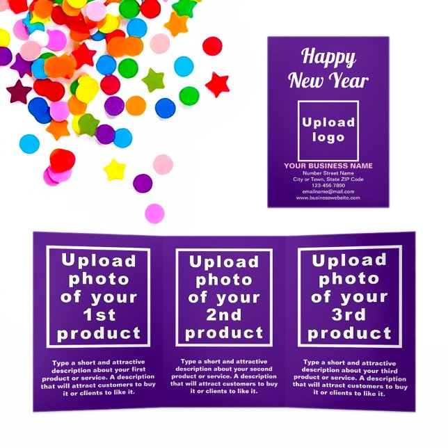 Cartão de Triplo Roxo de Ano Novo para Empresas (New Year greeting, business brand and products on purple trifold card)