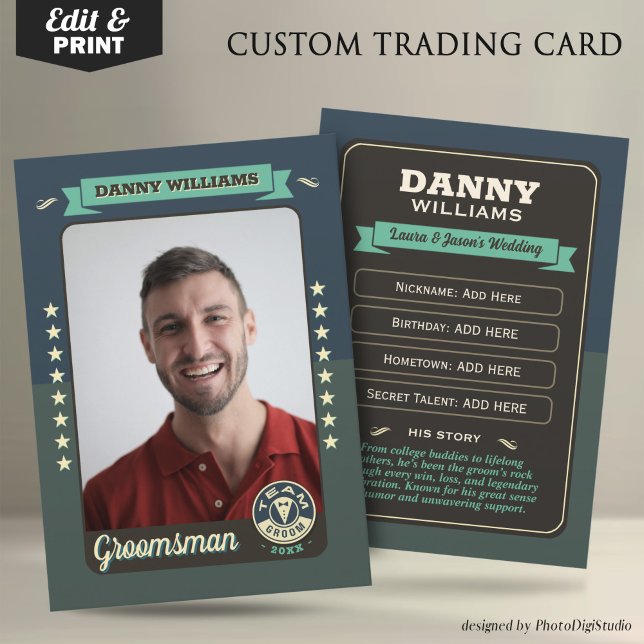 Cartão de Troca de Noivo da Equipe Personalizada,  (Custom Team Groom Trading Card, Groomsmen Gifts Best Man Trading Card, Retro Wedding Cards)