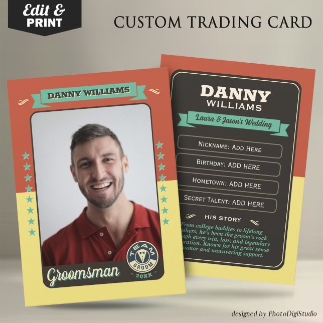 Cartão de Troca Personalizado do Time do Noivo, Pr (Custom Team Groom Trading Card, Groomsmen Gifts Best Man Trading Card, Retro Wedding Cards)