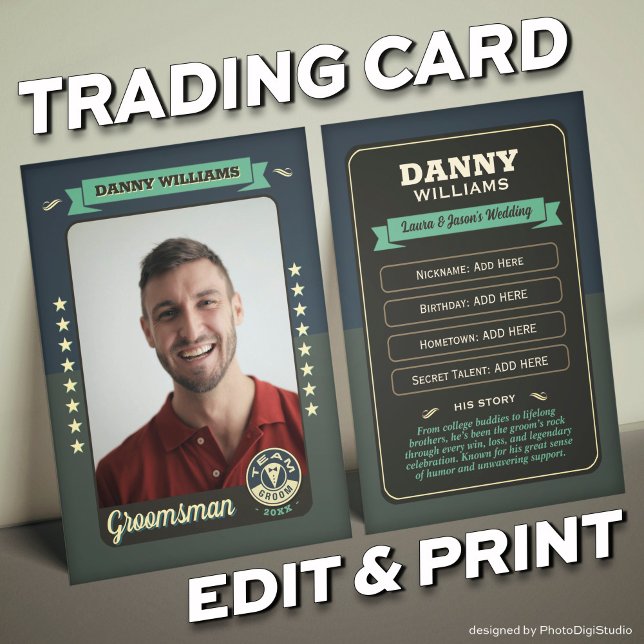 Cartão de Troca Personalizado para Equipe do Noivo (Custom Team Groom Trading Card, Groomsmen Gifts Best Man Trading Card, Retro Wedding Cards)