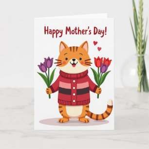 Cartão de Tulipa de Gato no Dia das Mães Doce