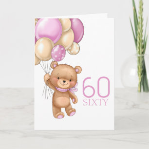 Cartão de ursinho de menina de balões rosa giro e 