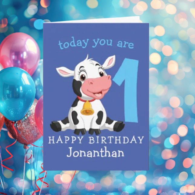 Cartão de Vaca de primeiro aniversario Azul (The card captures the essence of a happy birthday celebration who love cows)