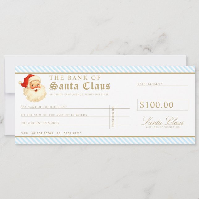 Cartão de Vale-Presente Cheque do Papai Noel Azul (Frente)