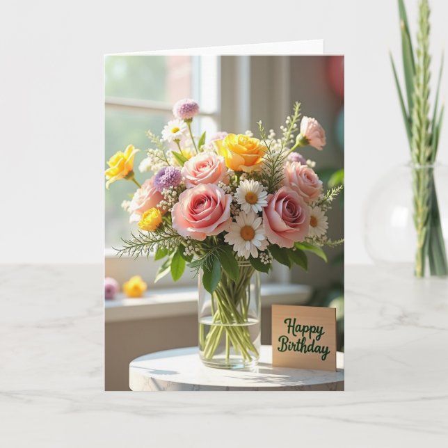 Cartão de Vase de Flores de Aniversário Alegre (Frente)