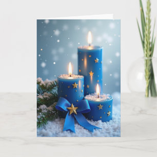 Cartão de Velas Azuis Nevadas à Luz de Velas