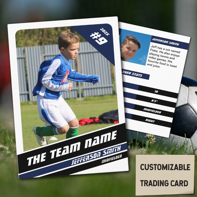 Cartão de Venda do Jogador de Futebol em Vigoroso  (Soccer Player Trading Card in White with Custom Team Name and Blue Black Elements)