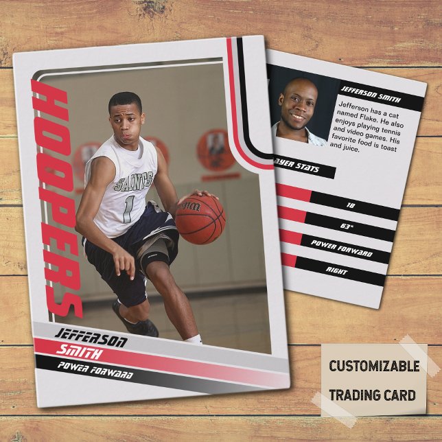 Cartão de Venda Personalizado De Jogador De Basque (Basketball Player Trading Card in Grey with custom team name and player name with Red stripes
)