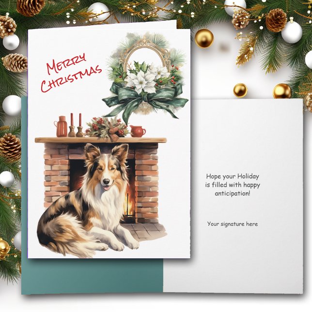 Cartão de Véspera de Natal da Lareira Collie Dog (Criador carregado)