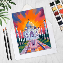 Cartão de Viagem do Taj Mahal Aquarela Pôr do Sol