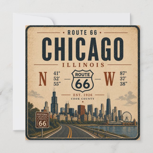 Cartão de Viagem Retro da Rota 66 de Chicago (Frente)