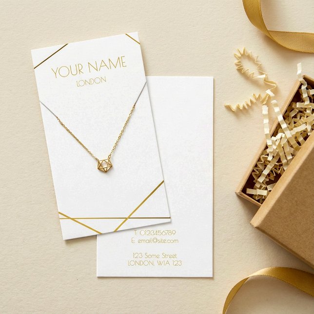 Cartão de vídeo geométrico ou colar Dourado (Necklace/bracelet Gold geometric display card.)