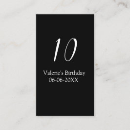 Cartão De Visita 10th birthday white black name date calligraphy 