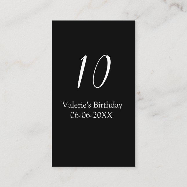 Cartão De Visita 10th birthday white black name date calligraphy  (Frente)