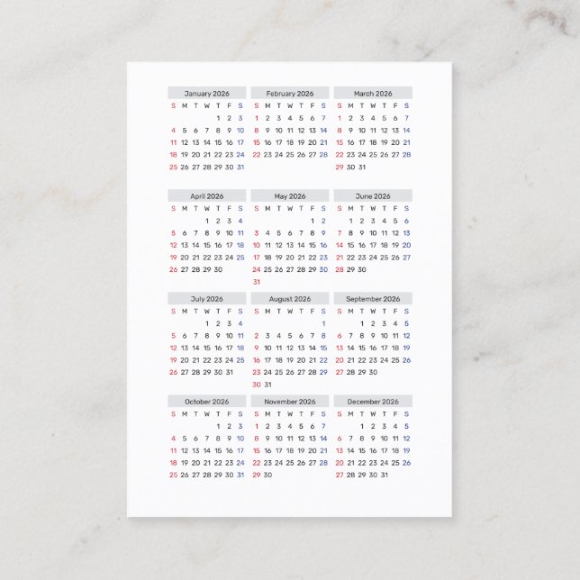 Cartão De Visita 2026 Calendar Card: Sunday Start, Black & White  (Verso)