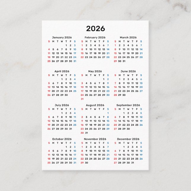 Cartão De Visita 2026 Sunday Calendar Thank You Purchase (Frente)