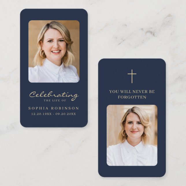 Cartão De Visita 2 Foto Dourada Script Funeral Blue Prayer Card (Frente/Verso)
