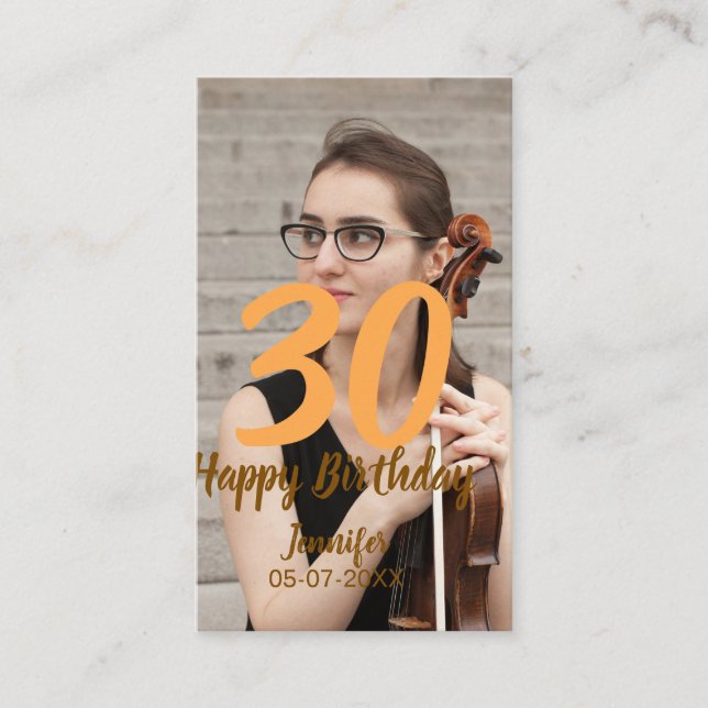 Cartão De Visita 30th birthday add name date year white photo (Frente)