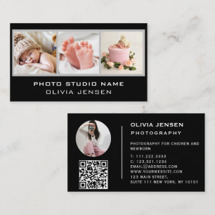Cartão De Visita 3 fotos QR Código Baby Photographer Preto