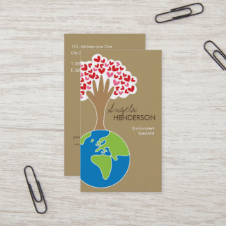 Cartão De Visita A Mão da Terra e Árvore de Amor do Coração Vermelh