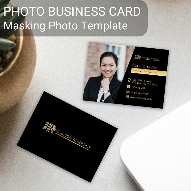 Cartão de visita a preto, modelo de foto de mascar (Black gold color custom business card masking shape element design tool)