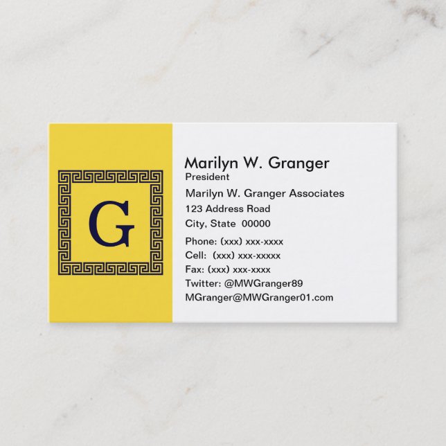 Cartão De Visita Abacaxi, Marinho Chave Grego Azul nº 1 Monograma e (Frente)