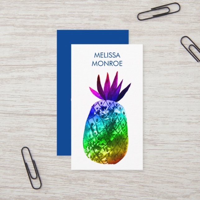Cartão De Visita Abacaxi Tropical Aquarela Arco-Íris (Frente/Verso In Situ)