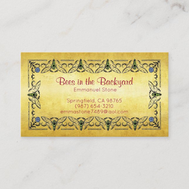Cartão De Visita Abelhas no quintal Dourado Folha (Frente)