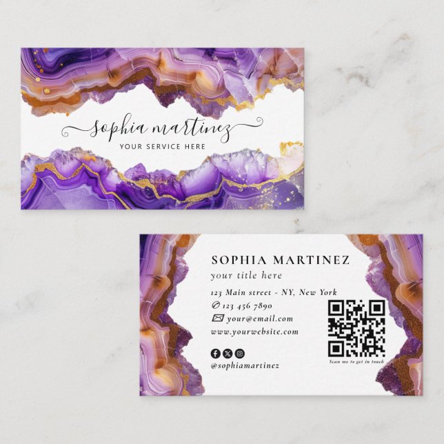 Cartão De Visita Abstract Purple Agate gold glitter marble QR Code (Frente/Verso)