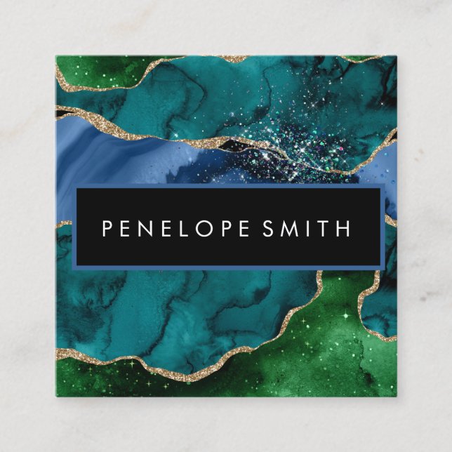 Cartão de visita Abstrato ao quadrado azul e verde (Frente)