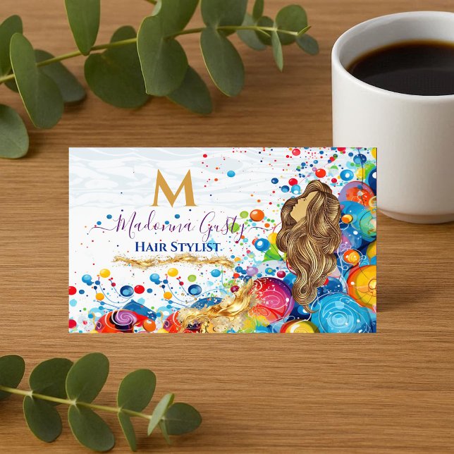 Cartão De Visita Abstrato Art Bubbles Ouro Monograma Hair Stylist (Abstract Art Bubbles Golden Monogram Hair Stylist Business Card)