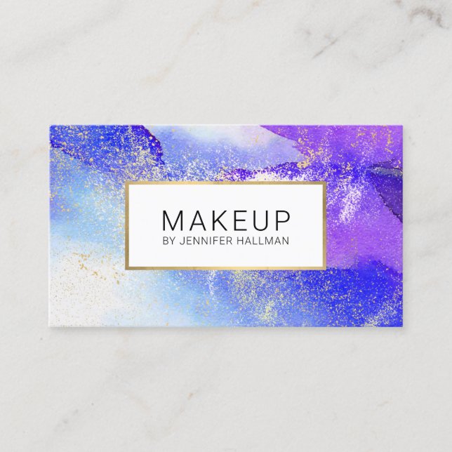 Cartão De Visita Abstrato azul de aquarela com poeira Dourada fraca (Frente)