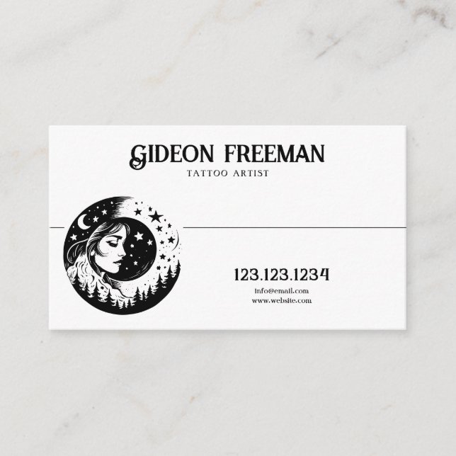 Cartão De Visita Abstrato Black and White Moon Stars Tatuador (Frente)
