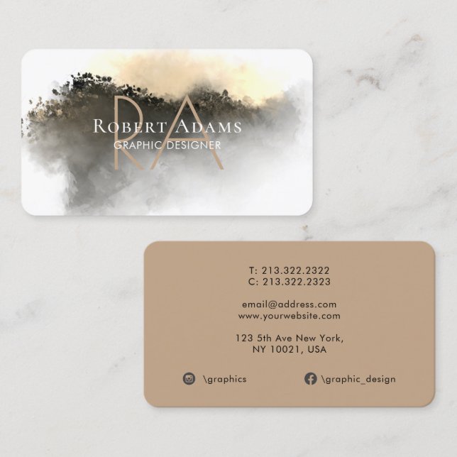 Cartão De Visita Abstrato de Aquarela Dourada Elegante Monograma (Frente/Verso)