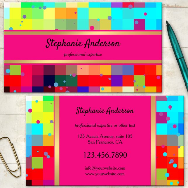 Cartão De Visita Abstrato de Confetti Colorida Brilhante (A colorful eye catching abstract business card featuring a checkered pattern with festive confetti )