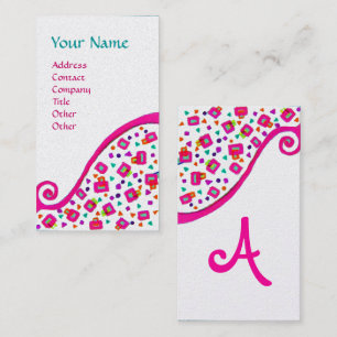 Cartão De Visita ABSTRATO DECO MONOGRAM Pink Fuchsia White Pearl