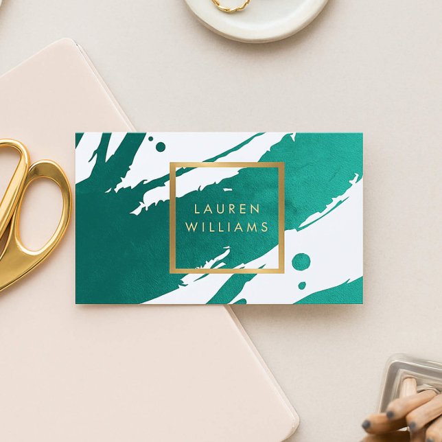 Cartão De Visita Abstrato Emerald Green Brushstrokes (Criador carregado)