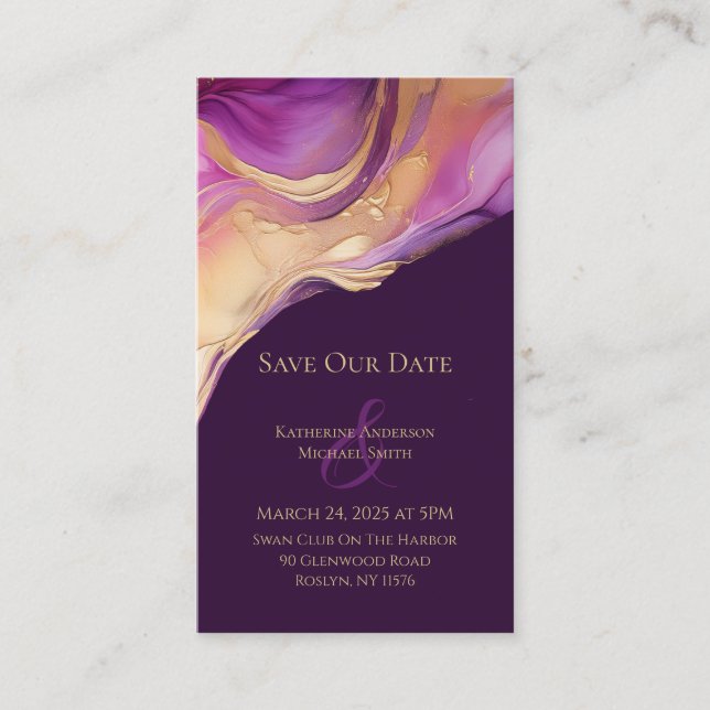 Cartão De Visita Abstrato Roxo e Casamento Elegante Dourado Moderno (Frente)