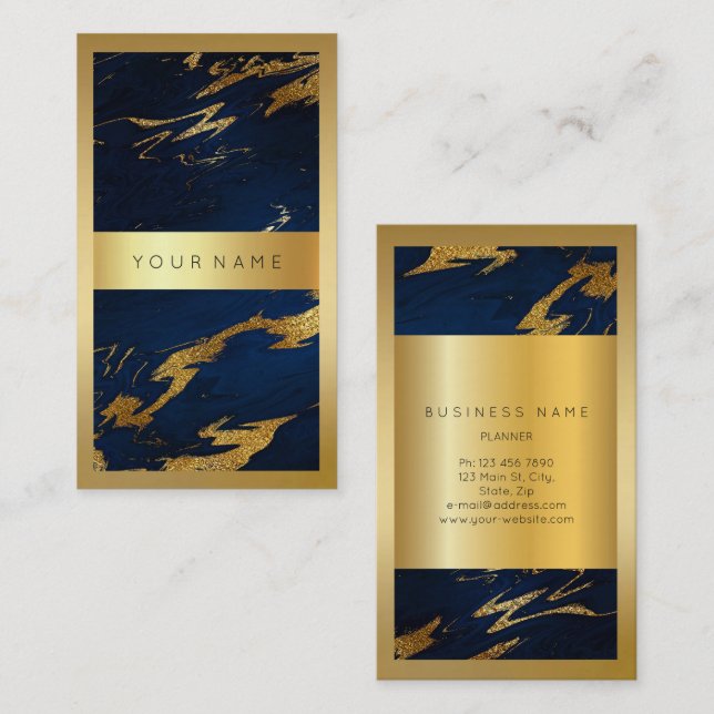 Cartão De Visita Abstrato Vertical2 do Quadro do Ouro do Marinho Az (Frente/Verso)