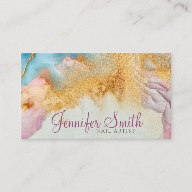 Cartão De Visita Abstrato Watercolor e brilho Dourado (Frente)