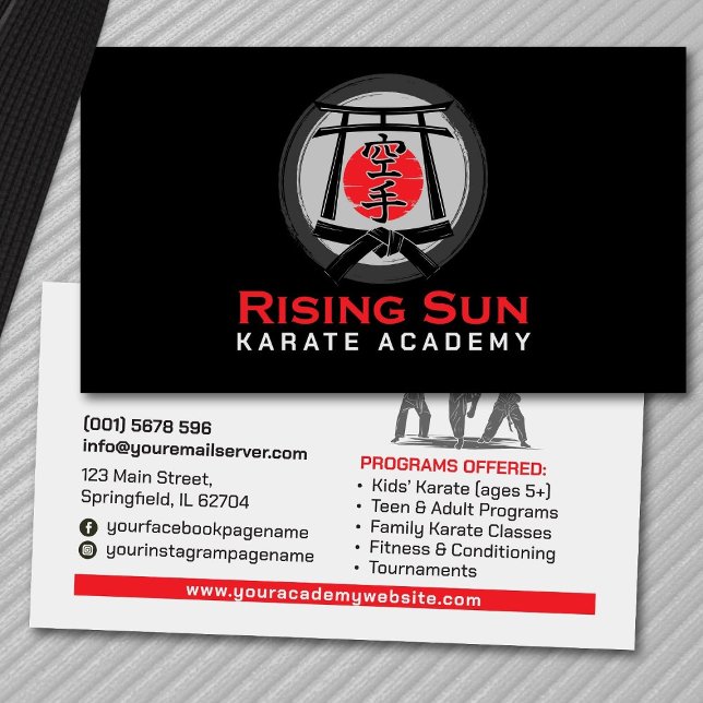 Cartão De Visita Academia Karate - portão de Torii, Sun e Kanji (Criador carregado)