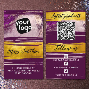 Cartão De Visita Adicionar logotipo e código QR Dourado roxo modern