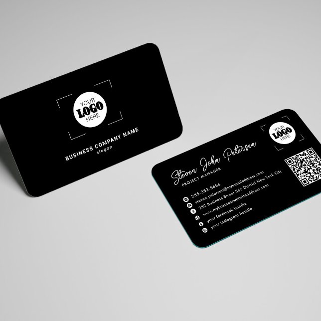 Cartão De Visita Adicione seu logotipo código QR profissional preto (You can choose the ROUNDED CORNERS option)