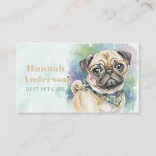 Cartão De Visita Adorável Pug em Aquarela com Óculos