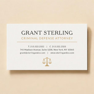 Cartão De Visita Advogado de Defesa Criminal Neutro Bege Dourado